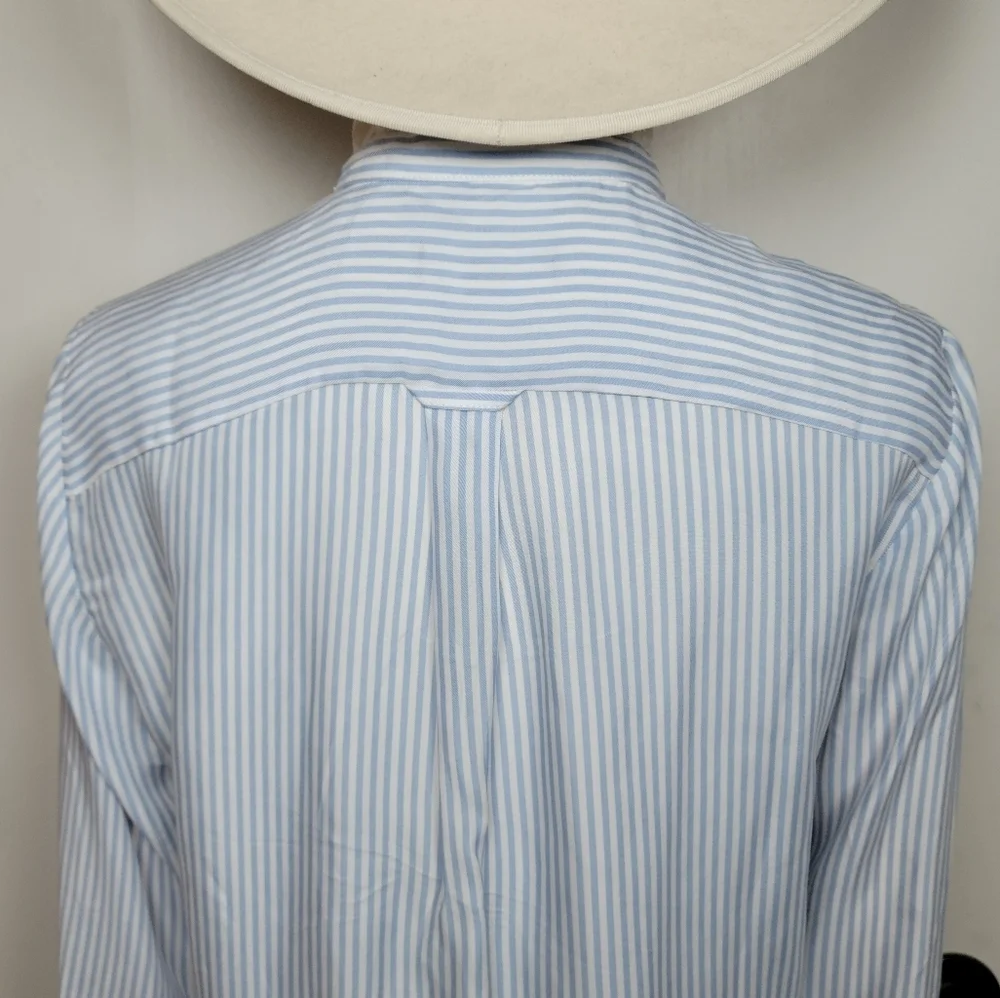 J. Crew Blue & White Striped Cupro Blend Button-Up Shirt Ruffle Trim Size Small